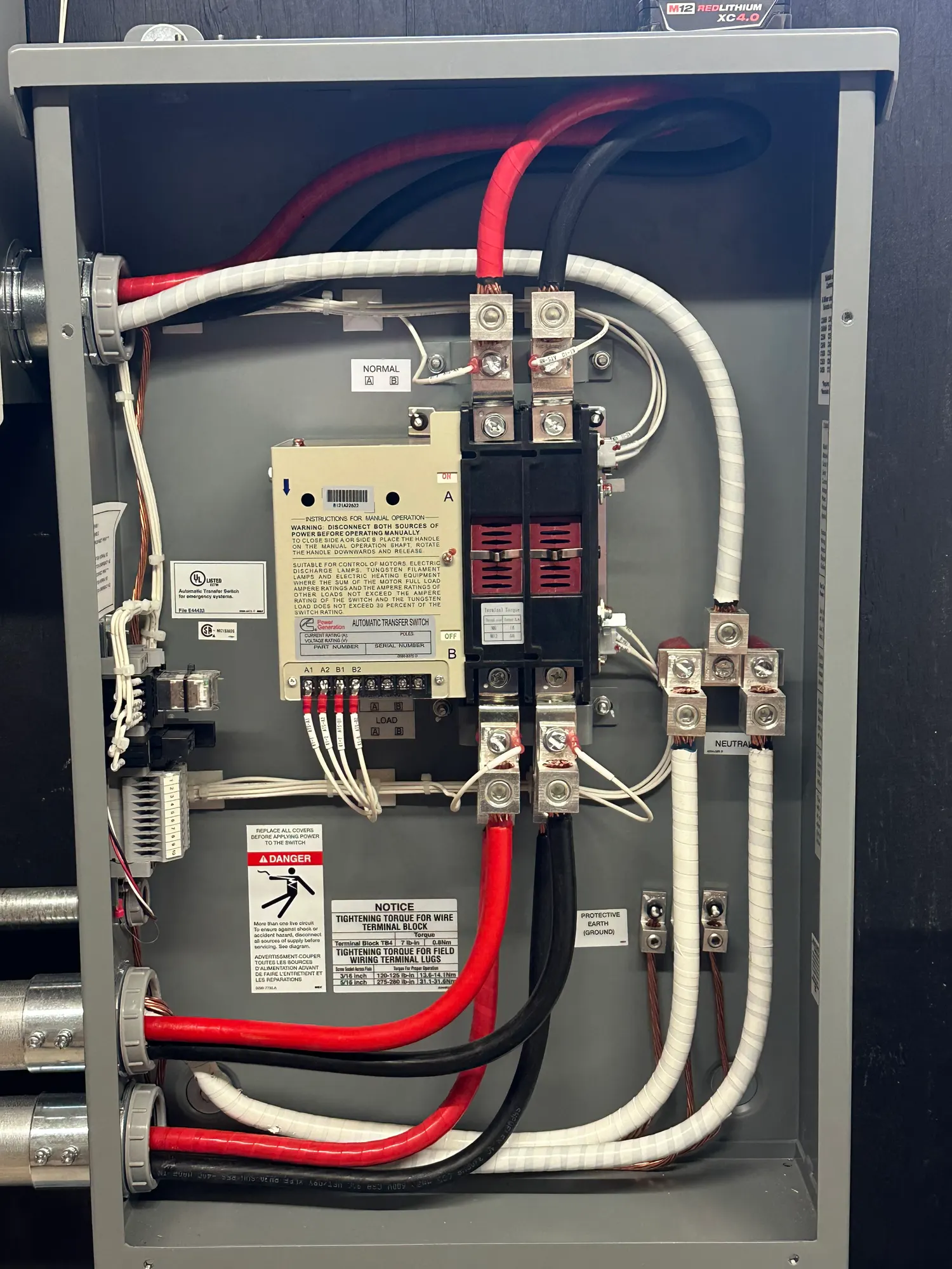 Inside an automatic transfer switch, wired and torqued