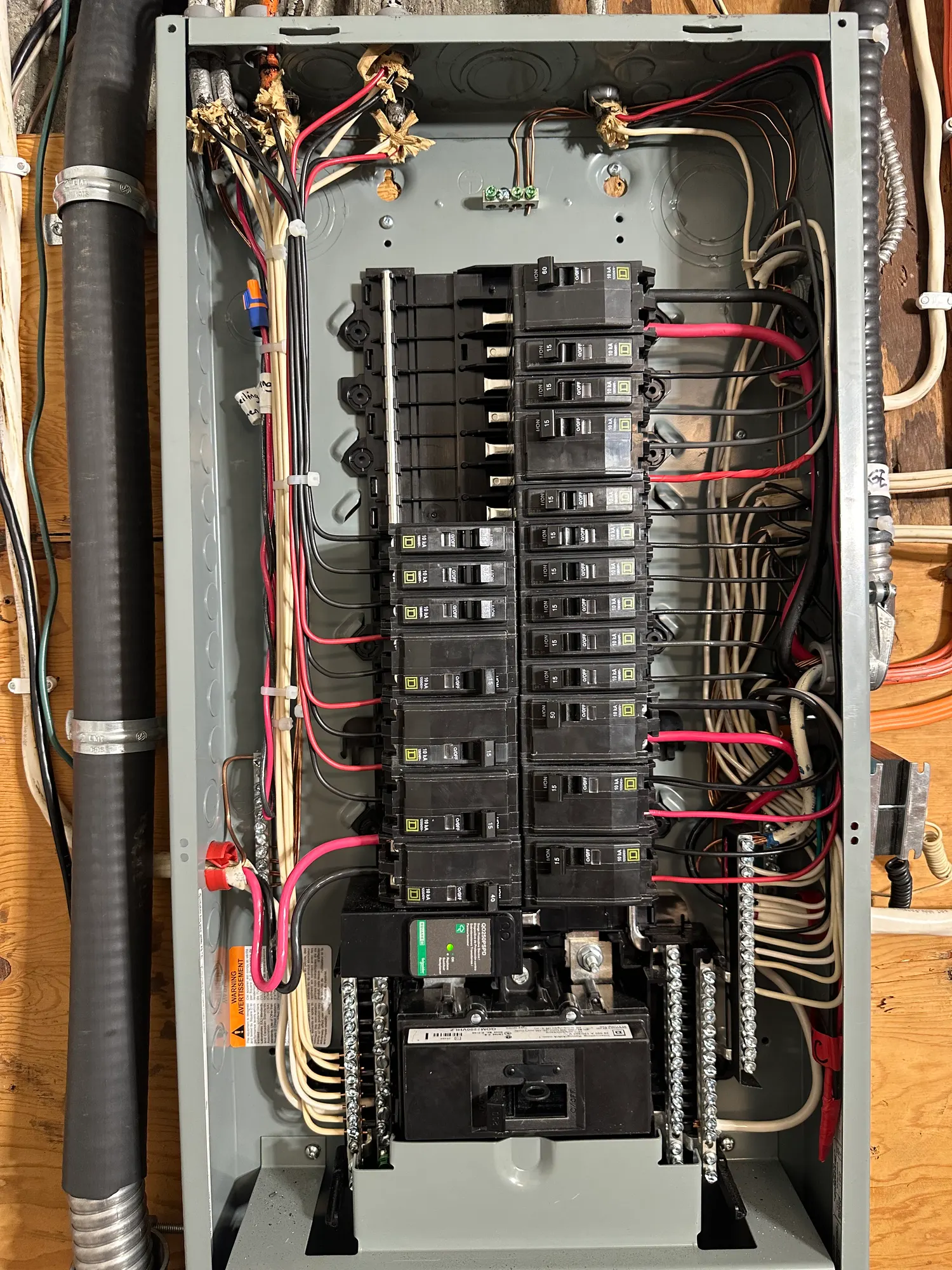 Neatly dressed wiring inside a new residential breaker panel